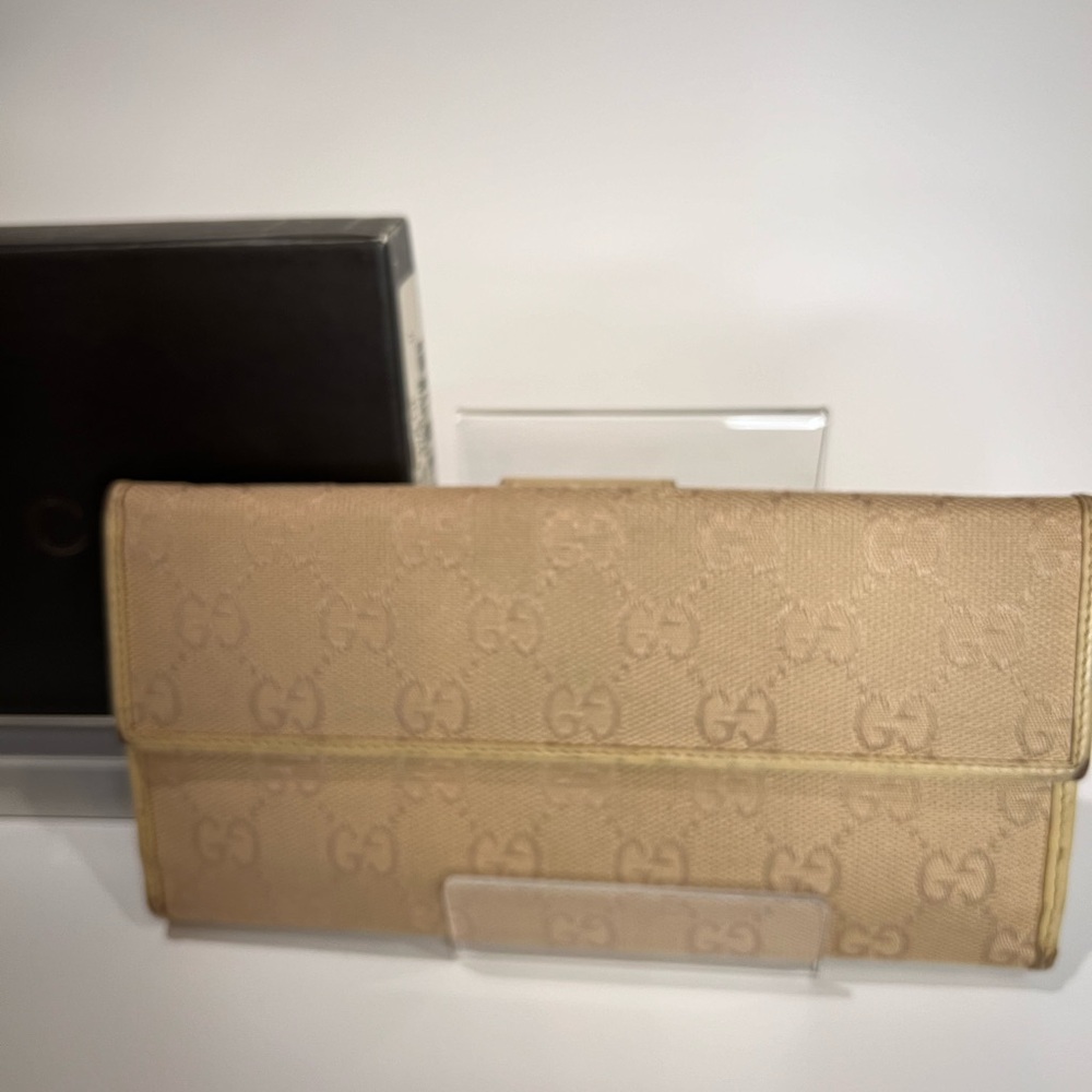 AUTHENTIC GUCCI GG SIGNATURE CANVAS LONG WALLET BEIGE IVORY LEATHER WITH BOX